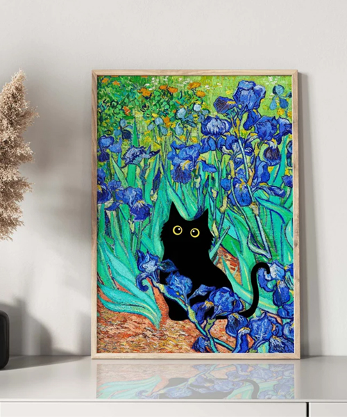 Schwarze Katze Kunst - Vincent Van Goghs Irises Katze Poster Schwarze Katze Kunst - Vincent Van Goghs Irises Katze Poster